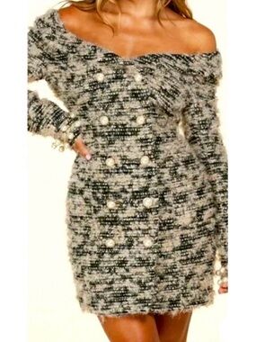 L'ATISTE Black and Ivory Metallic Bouclé Tweed Panel